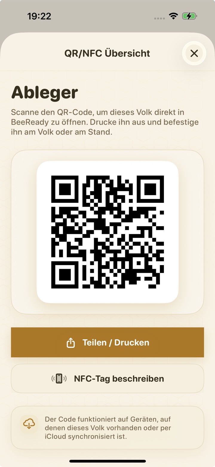 QR- und NFC-Übersicht eines Bienenvolks in BeeReady